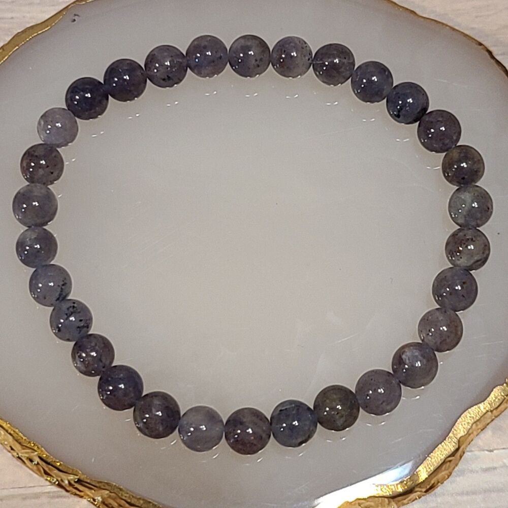 Natural Iolite Gemstone 6mm Round Bead Stretch Bracelet 7" Violet Blue Crystal